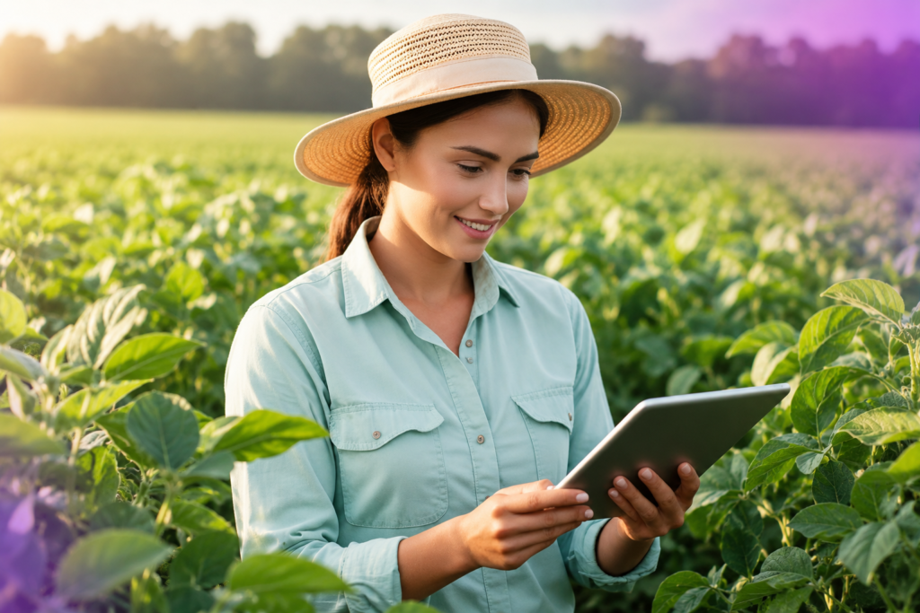 Agricultora com tablet na lavoura